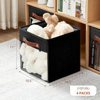 Storage Cube Organizer with Clear Window, Linen Collapsible Storage Boxes with PU Handles, Cube Storage Bins for Shelf, Closet, Cabinet, Bookcase (10.5x10.5x11, Black)