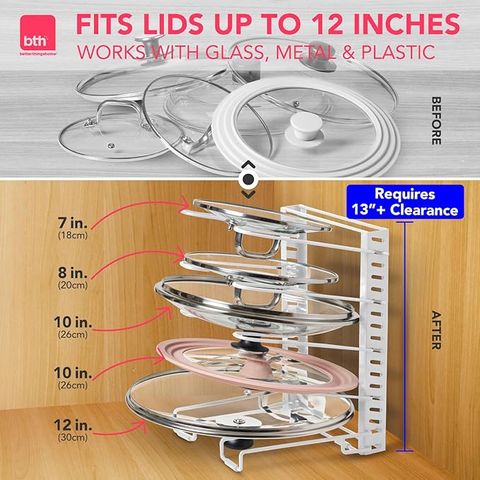 BTH Adjustable Pot Lid Organizer for Cabinet - Kitchen Storage Rack 6 Adjustable Shelves, Pot Lid Holder, Pan and Pot Rack Organizer, Pantry & Inside Cabinet Organizer (13” Clearance)