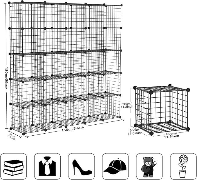 TUMUCUTE Wire Cube Storage Organizer, 25-Cube Modular Mental Grids Bookshelf, DIY Stackable Closet Cabinet for Bedroom Living Room, Office, Iron