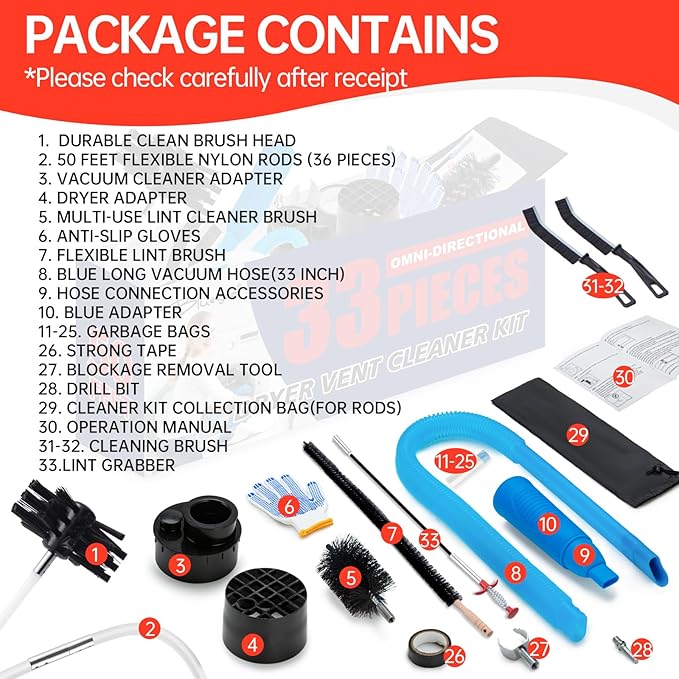 Dryer Vent Cleaner Kit, Bluesea 33-Piece Omnidirectional Dryer Cleaning Kit Include 50 Feet Dryer Vent Brush, Upgrade Noiseless Dryer Lint Vacuum Attachment, Lint Trap Brush, Vacuum & Dryer Adapters