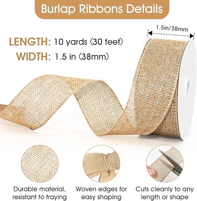Wired Edge Decorative Ribbon DIY Craft Ribbon for Holiday Garlands Gift Wrapping and Home Decor (Natural Khaki Color, 1.5 inches)