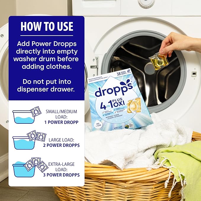 Dropps 4-in-1 Plus Oxi Free & Clear Power Biobased Laundry Detergent Pods, Unscented (38 Pods) - Chlorine-Free Bleach Alternative Biobased Laundry Whitener, Stain & Odor Remover