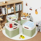 HNZIGE Collapsible Fabric Storage Cubes 13x13x13 Set of 4 Decorative Storage Basket Bin with Handles Storage Cube Basket for Organizing Clothes, Toys, Closet, Nursery(Green White)