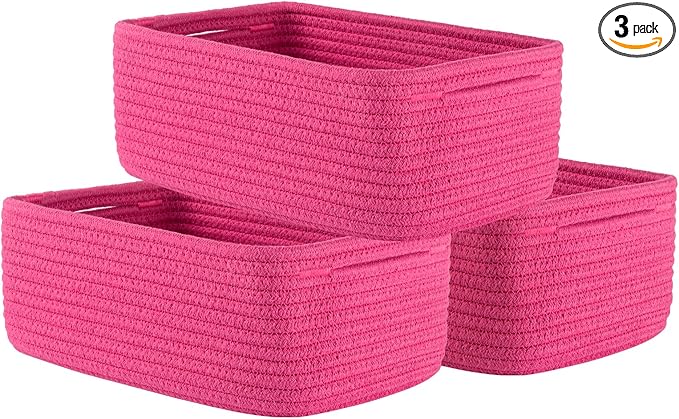Small Woven Basket, 12 x 8 x 4.5 Inches, Storage Basket for Organizing, Cute Small Rope Shelf Closet Cube Storage Bins Baskets for Shelves, Dog Toy Gift Baskets Empty, 3 Packs, Hot Pink