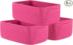 Small Woven Basket, 12 x 8 x 4.5 Inches, Storage Basket for Organizing, Cute Small Rope Shelf Closet Cube Storage Bins Baskets for Shelves, Dog Toy Gift Baskets Empty, 3 Packs, Hot Pink