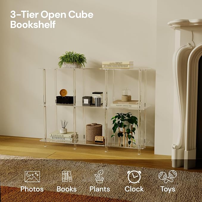 Acrylic Horizontal Bookshelf, 11.6" D x 35.4" W x 26.5" H, 3-Tier Clear 6 Cube Organizer Bookcase, Open Low Book Shelf for Home Office, Living Room, Bedroom, Modern, Easy Assembly