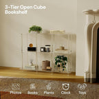 Acrylic Horizontal Bookshelf, 11.6" D x 35.4" W x 26.5" H, 3-Tier Clear 6 Cube Organizer Bookcase, Open Low Book Shelf for Home Office, Living Room, Bedroom, Modern, Easy Assembly