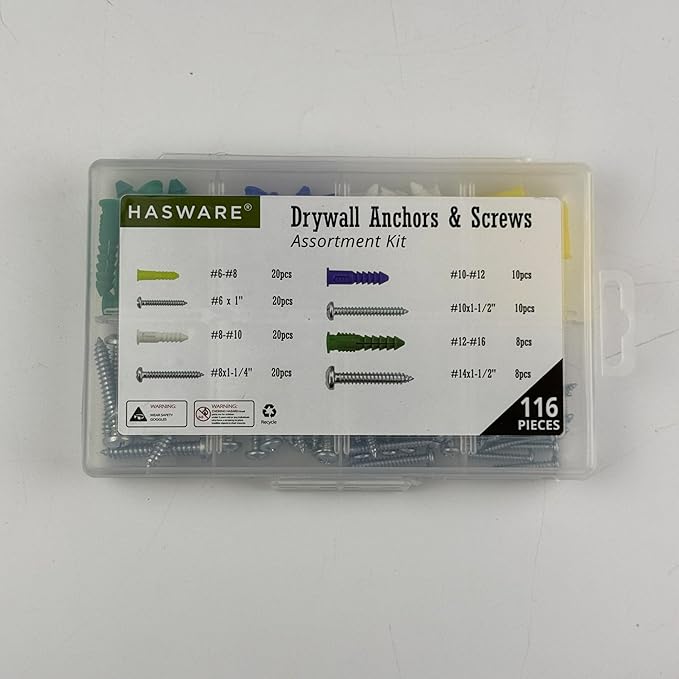 HASWARE Plastic Drywall Wall Anchors Screw Assortment Kit 116PCS-Includes 4 Different Size Anchors and Screws,Wall Plug Bolts Expansion Bolt for Wallboard Concrete Pciture Hanging
