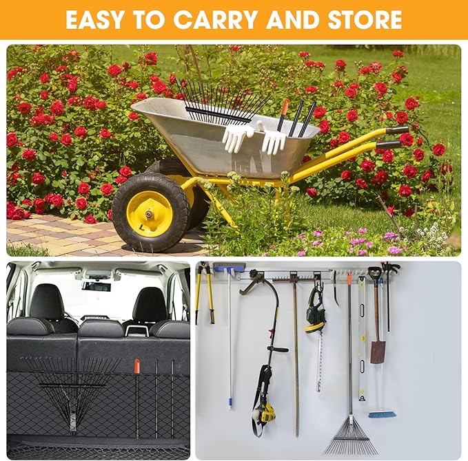 46 HRC Steel Gardening Leaf Rake, 22 Tines 22.8" Wide,Adjustable Split Long Handle 33-67",Suitable for Raking Leaves and Lawn Tidying,Garden rake and thatch rake Suitable for Adults