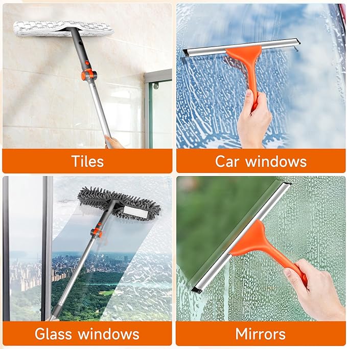 Window Squeegee Cleaner Set 2-in-1 Window Cleaning Tool with Extendable Pole, Window Cleaning kit with Bendable Head for Indoor & Outdoor Glass for Car Indoor Outdoor High Windows（Kit2.0）