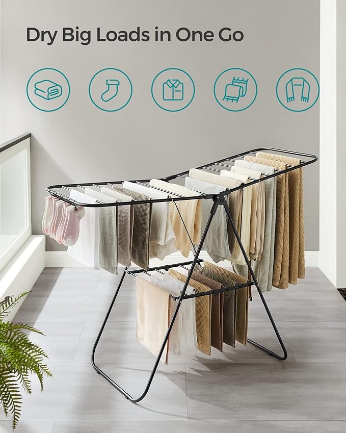 SONGMICS Clothes Drying Rack, with Sock Clips, Metal Laundry Rack, Foldable, Space-Saving, Free-Standing Airer, with 2 Height-Adjustable Gullwings, Indoor Outdoor Use, Black ULLR052B01