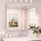 TokeShimi 30 x 26 Silver Aluminum Medicine Cabinet Mirror for Bathroom Surface Mount or Recessed with Stepless Adjustable Shelves Modern Farmhouse