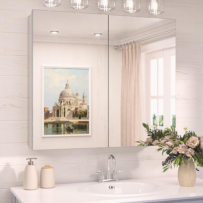 TokeShimi 30 x 26 Silver Aluminum Medicine Cabinet Mirror for Bathroom Surface Mount or Recessed with Stepless Adjustable Shelves Modern Farmhouse