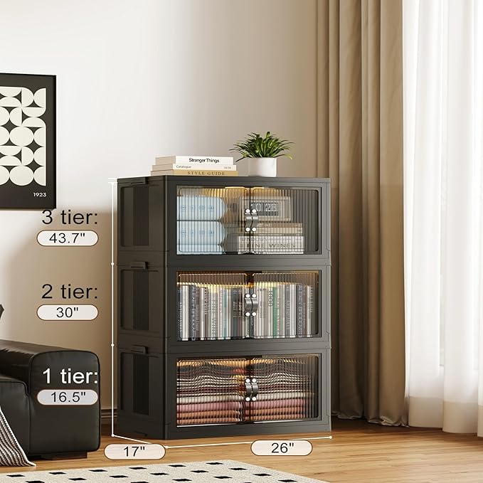 SAILUN 83Gal/335Qt Stackable Storage Bins Folding Collapsible Storage Bins with Lid, Closet Organizers and Storage, Black 26" W x 17" D x 43.7" H