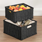HOONEX Large Wicker Baskets for Storage, Plastic Baskets for Organizing with Dual Handles, Woven Baskets for Storage, Set of 2, (Black, 15 x 12.8 x 7.5 inches)