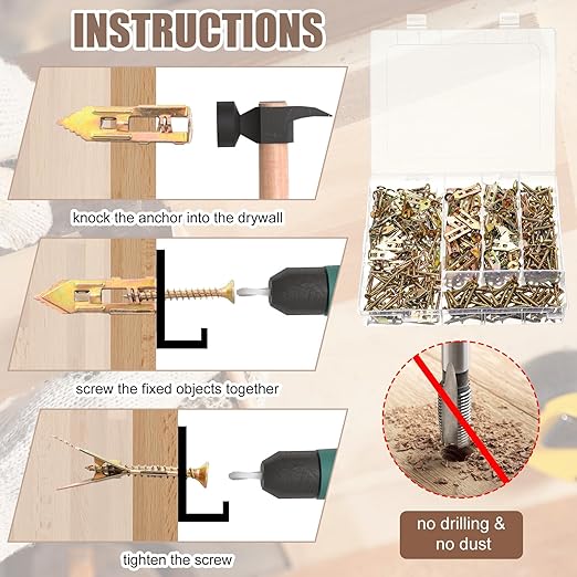 420 Pcs Self Drilling Drywall Anchors with Screws Kit, 2 Sizes Anchors and 3 Sizes Expansion Screws Kit with a Storage Box, Zinc Plated Steel Wall Anchor Screw No Drilling Required