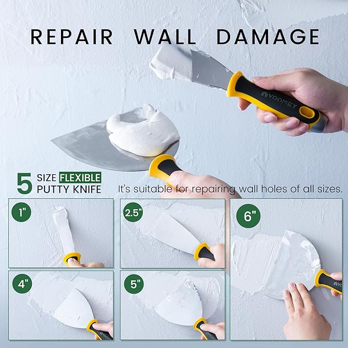 VOOMEY Putty Knife Set, Drywall Knife,6PCS 420 Stainless Steel Paint Scraper Tools, Metal Scraper, Used for Renovating Old Walls, Applying Putty, Removing Wallpaper