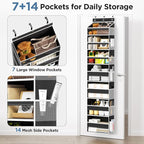Over The Door Organizer, 7 Tier Door Hanging Organizers with 7 Large Pockets 12 Side Pockets, Behind Door Storage Hanging Shelves for Closet Bathroom Bedroom Nursery