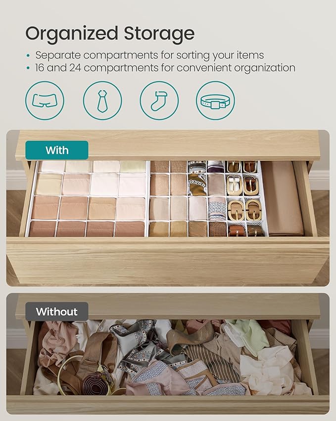 SONGMICS 4 Pack Drawer Organizers, 80 Cells (2x16+2x24), Foldable Dividers, 11.8 x 11.8 x 3.9 Inches, for Socks, Underwear, Ties, Belts, Cloud White URUS011W01