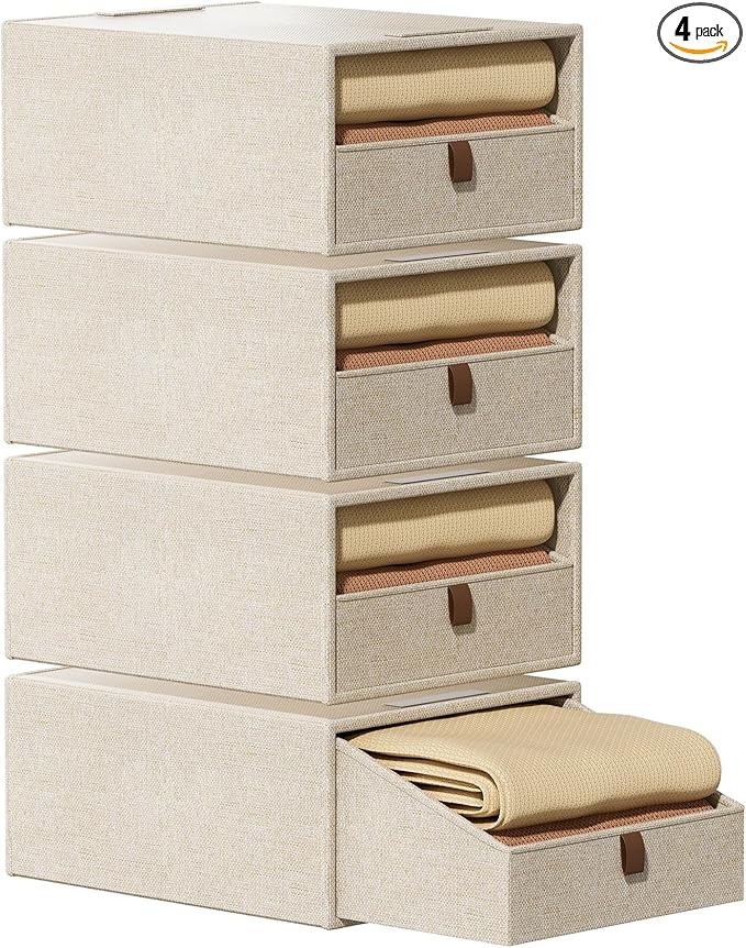 Closet Organizers and Storage 4-Pack Large Storage Bins with Drawers Stackable Fabric Clothes Organizers Storage Box Collapsible Closet Drawers Organizer (Beige, 21L*4)