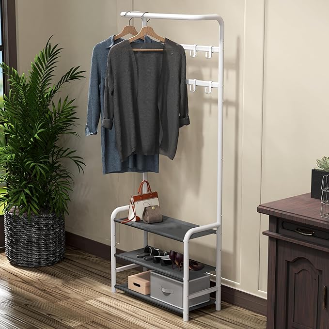 SIMPLE HOUSEWARE Space-Saving Coat Rack with Storage Shelf, Black Freestanding Hall Tree Organizer with Hooks for Entryway, Bedroom, Office, Coats, Hats, Jackets, Scarves - White