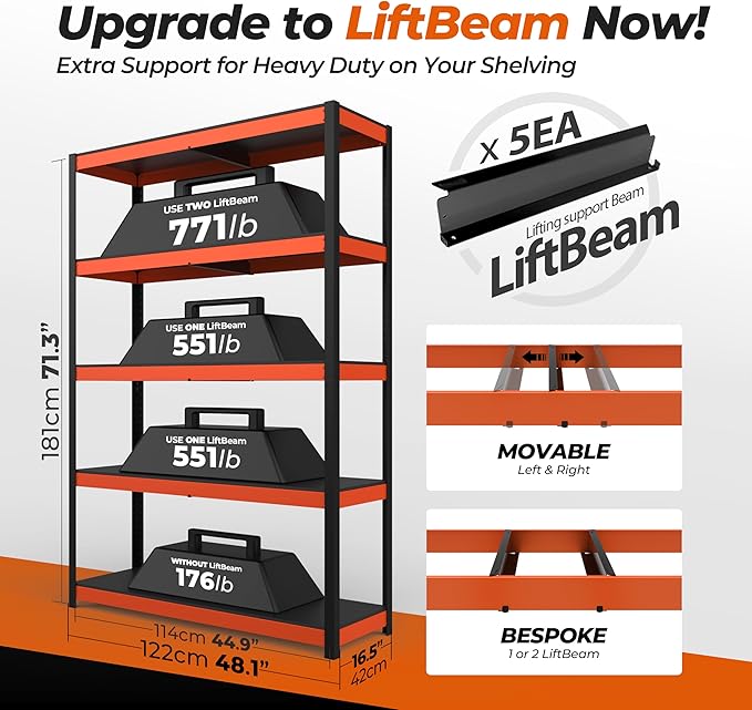 HOMEDANT House 5-Tier Orange-Black 48.1" W x 16.5" D x 71.3" H Laminated Metal Shelving Unit Adjustable Storage Utility Rack Heavy Duty Shelves Organization Shelf Kitchen Garage Pantry Closet 1Pack