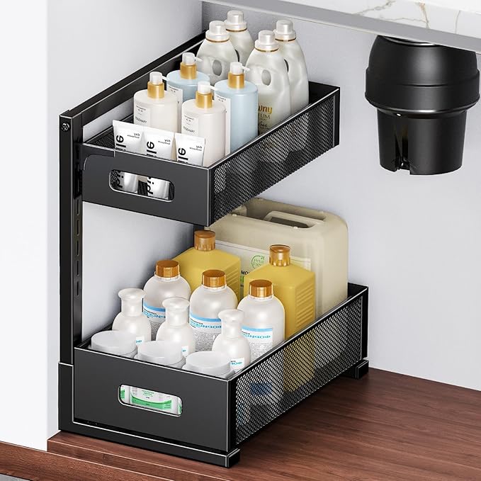 Under Sink Organizer 2 Tier, Adjustable Height Under Sink Organizers and Storage, Smooth & Silent Sliding Out Metal Drawer for Kitchen Bathroom Pantry Cabinet Closet