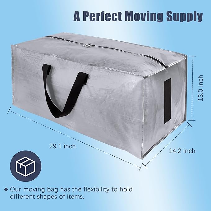 Homesure 12 Pack Large Strong Moving Bags with Zippers & Carrying Handles - Water-Resistant - Heavy Duty Storage Tote for Space Saving Moving Storage, Fold Flat, Alternative to Moving Box (Silver)