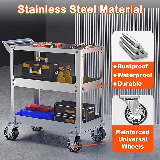 DDJ Stainless Steel Utility Cart on Wheels, 3-Tier 1100 lbs Heavy Duty Tool Cart with Wheels, Commercial Rolling Service Cart for Garage Workshop Warehouse Mechanic Kitchen 18.1" D x 30.7" W x 36.2" H