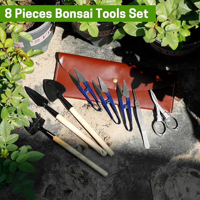 Bonsai Set 8 Pcs - Include Pruner,Fold Scissors,Mini Rake,Bud & Leaf Trimmer Set by ZELAR Made