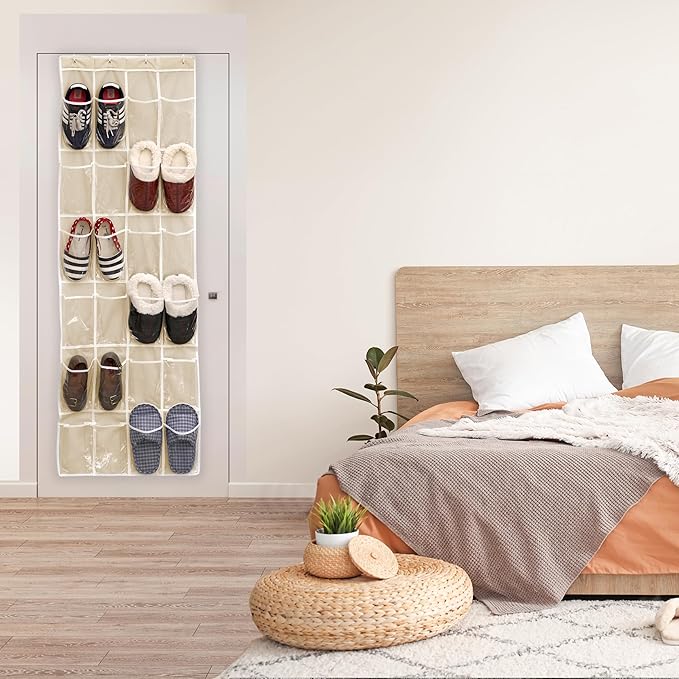 SIMPLE HOUSEWARE 24 Pockets - Crystal Clear Over The Door Hanging Shoe Organizer, Beige (64'' x 19'')