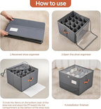 Shoe Organizer for Closet, Foldable Shoe Storage Organizer Containers with Clear Cover, Space Saving Shoes Holder with Handles, Gray (1, Large)