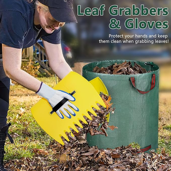 Garden Rake for Leaves, 37"-73" Adjustable Handle Rake Set with Leaf Grabbers, Work Gloves and 2 Leaf Bags, 18" Wide Head with 25 Metal Tines for Yard Picking Leaves, Shrub Grass Bush Lawn Cleanup