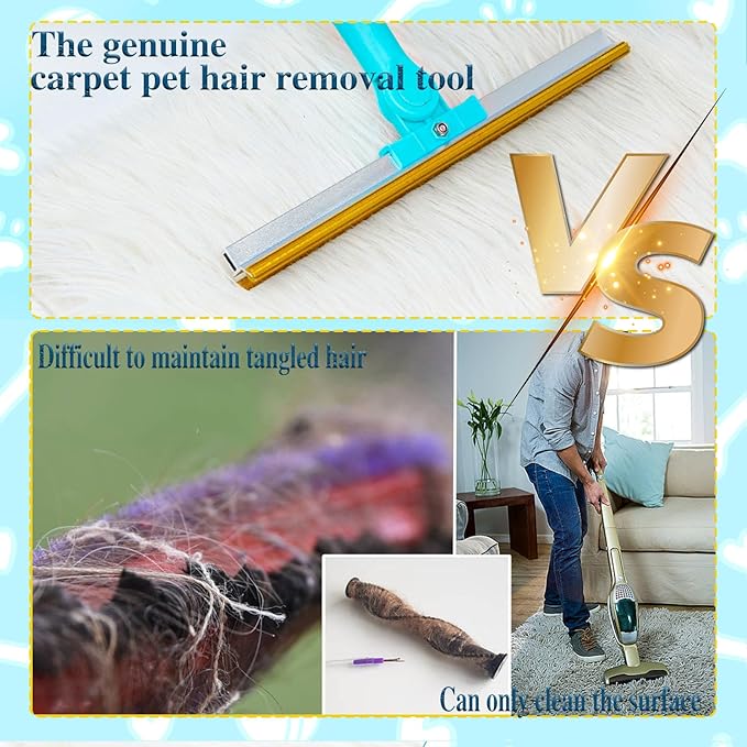 Pet Hair Remover for Carpets with 3 Lengths Adjustable Handle (23-54") - Stand-Up Tool to Remove Matted Dog & Cat Hair from Deep Pile Rugs, Stairs, Under Furniture