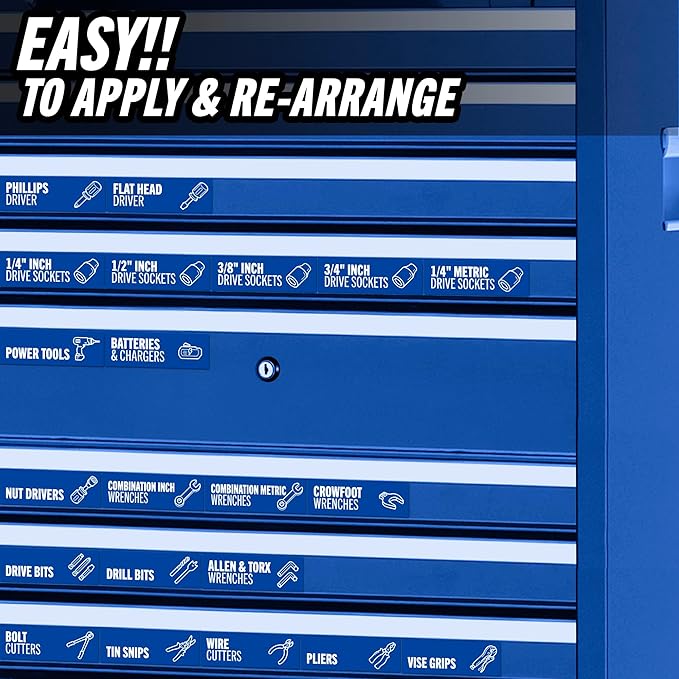 Toolbox Organization Magnetic Labels-80 Large Tool Chest Organizer Labels-Strong Magnets-Fits All Brands of Steel Tool Box Drawers (Blue 3.125x1.0 in)