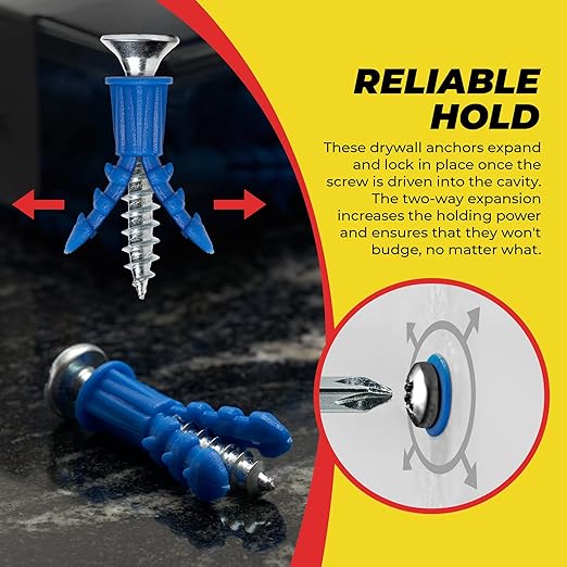 Qualihome Drywall Anchors Premium Quality Ribbed Lightweight Plastic Anchors for Hollow Walls – Wall Hanging Anchor Kit for Pictures, Artwork & Light Duty Anchoring Application (#10-12 x 1)