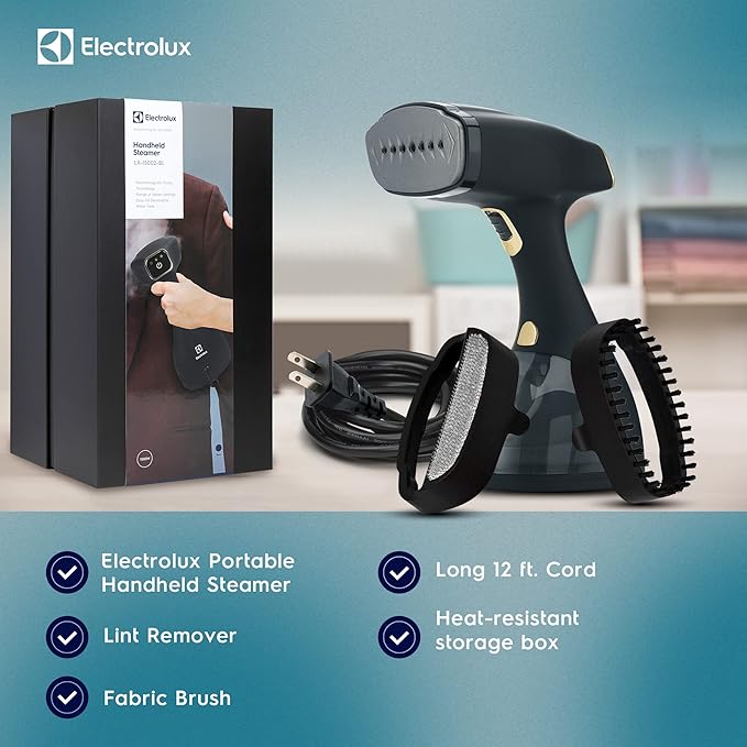 Electrolux Steamer for Clothes, 1500 Watt Portable Handheld Fabric and Garment Steamer with Lint Remover & Fabric Brush, Ultra-Fast Heat Up, 18 Min Continuous Steam for Powerful Wrinkle Remover, Black