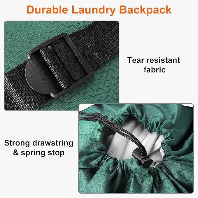 Femuar Laundry Bag Backpack Durable Laundry Bag with Shoulder Straps and Mesh Pockets Portable Laundry Dirty Clothes Hamper Bag for College Dorm (Green)