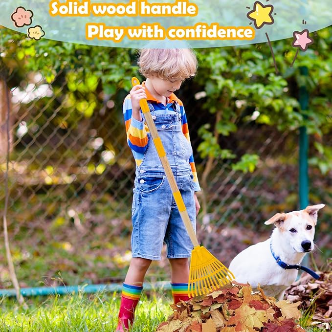 Kids Leaf Rake - 3-Section Adjustable Handle, Lightweight, Wood & Plastic, Small Garden Tool for Children (Yellow)