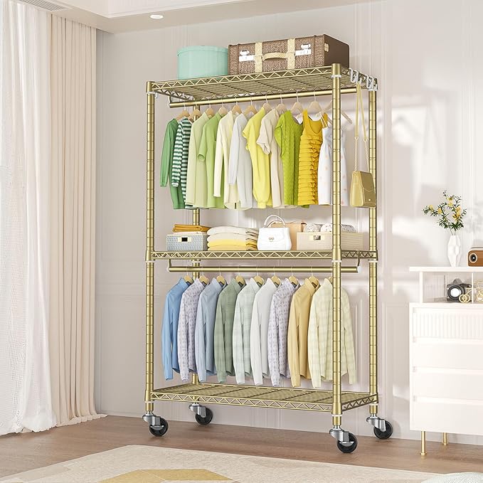 P3 Rolling Clothes Rack, Clothing Racks for Hanging Clothes, Heavy Duty Garment Rack with Wheels, Freestanding Portable Closet Organizer 39.4'' W x 14'' D x 78.5'' H, Max Load 464 LBS, Gold