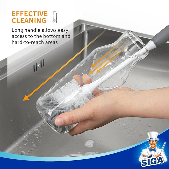 MR.SIGA Long Handle Bottle Brush, Flexible Scrub Brush for Water Bottles, Glasswares, Mugs, Gray, 2 Pack
