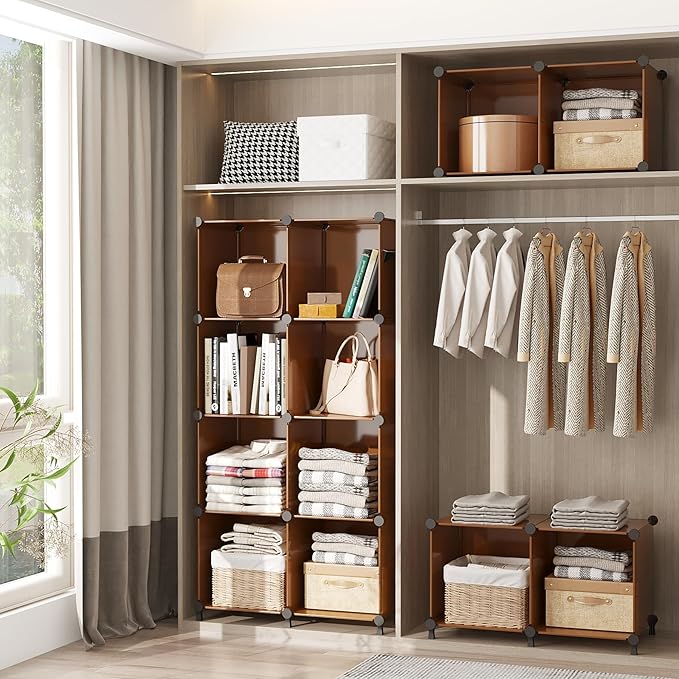 AWTATOS Cube Storage Organizer, Storage Cubes Shelves Bookshelf, 16 Cube Closet Organizers and Storage, DIY Stackable Plastic Clothes Organizer Shelving for Bedroom, Home Office, Cocoa Brown