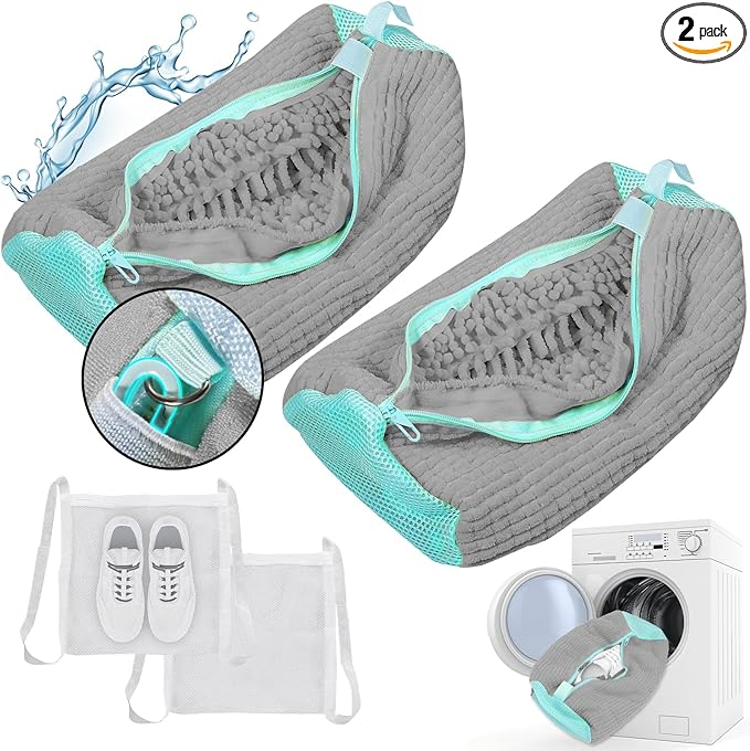 Shoe Washing Machine Bag, 2 Pack Grey Laundry Shoe Bags for Washer and Dryer, Sturdy Zipper with Hook Design, Dry Net Bag Included, Reusable for Sneaker, Gray 2PCS