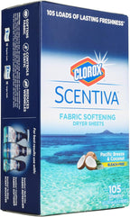 Clorox Scentiva Fabric Softening Dryer Sheets, 105 Sheets per Pack, Pacific Breeze & Coconut Scent | Bleach-Free Fabric Softener Sheets for Static Control and Reduce Wrinkles (6 Pack)