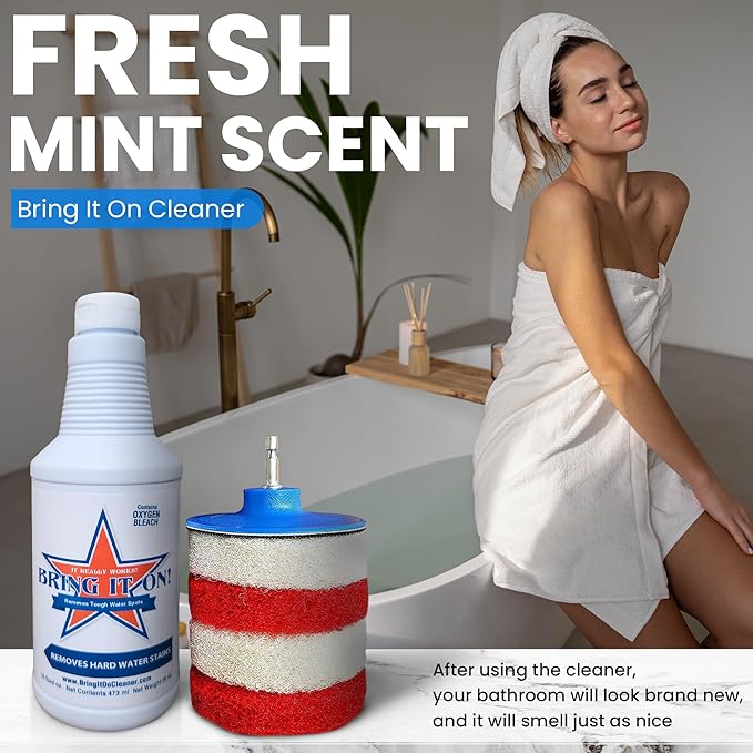 Bring It On Cleaner Hard Water Stain Remover for Glass, Soap Scum remover for Shower glass, Fiberglass, Windows, Tile and Grout Cleaner, Water Spot Remover for Glass Includes Scrubbing Drill Pads