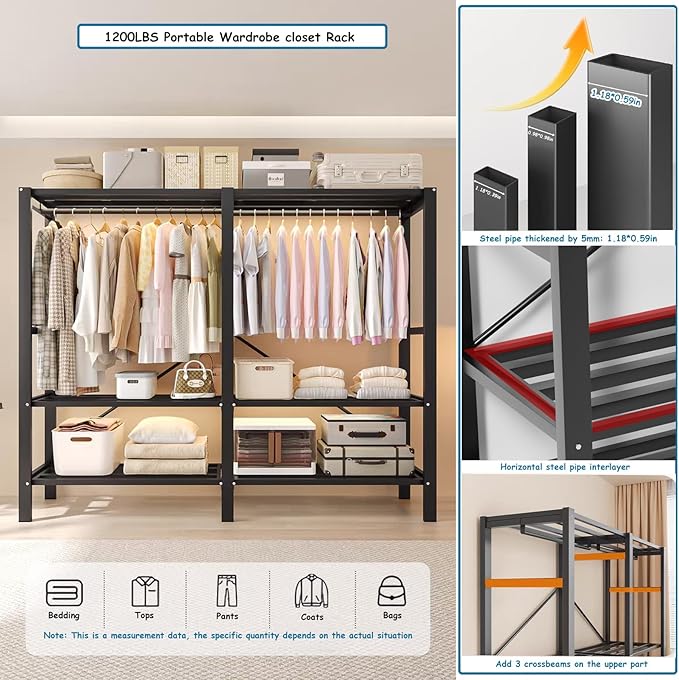 Heavy Duty Covered Clothes Rack with Magnetic Door Foldable Portable Wardrobe Closet for Hanging Clothing Rolling Black Metal Garment Rack on Wheels Closet System (Brown, 70.89in)