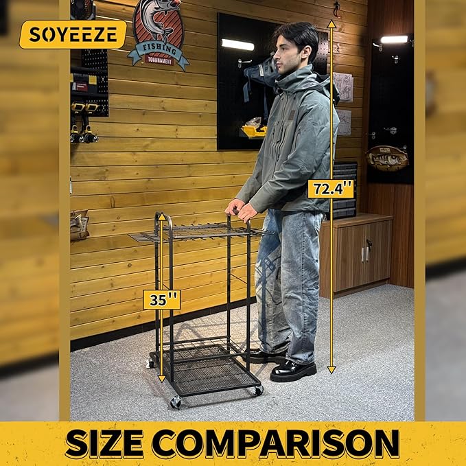 SOYEEZE Garden Tool Organizer with Lockable Wheels, Heavy Duty 3-Tier Yard Tower Tool Rack for Garage, Holds Up to 35 Long-Handled Tools, Garden Tool Cart with 12 Hooks for Tool Organization Storage