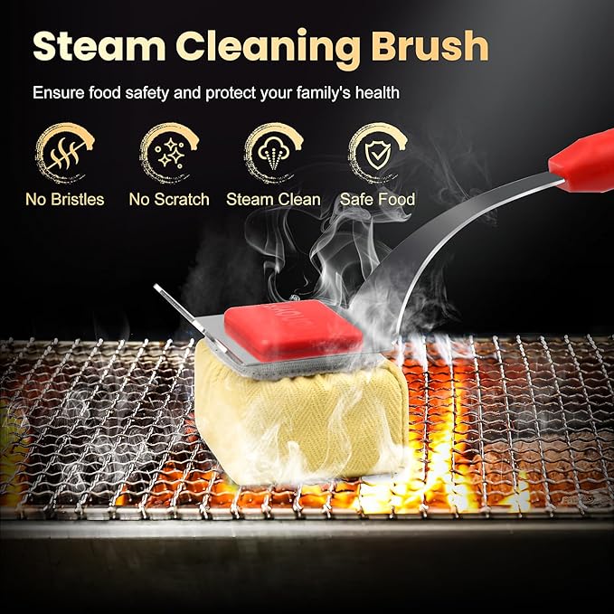 Grill Brush Bristle Free + 5 Replaceable Pads, Steam Grill Brush for Outdoor Grill, BBQ Grill Brush and Scraper for Cast Iron/Stainless Steel Grates, Safe Grill Cleaner Brush, Gift for Men Dad