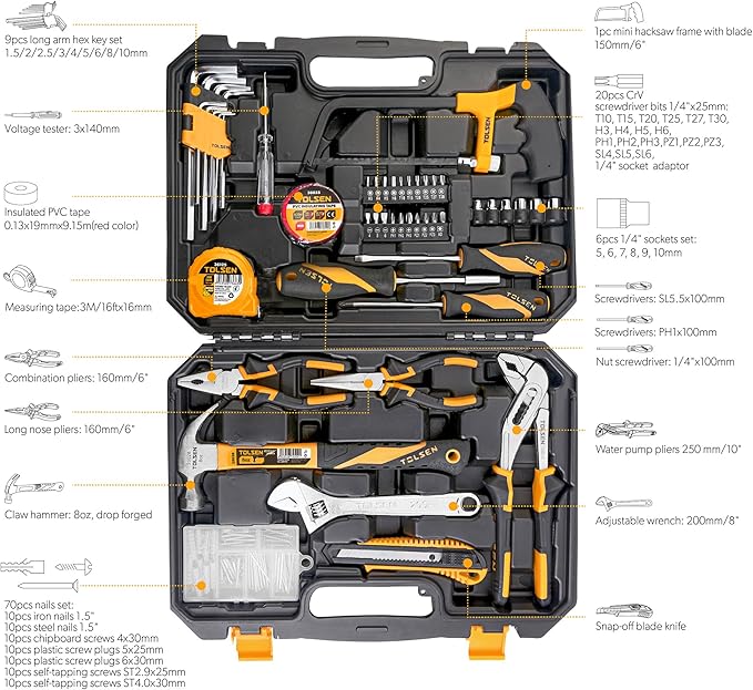 TOLSEN Tool Set for Home Maintenance and Daily Use, General Household Hand Tool kit with Plastic Storage Toolbox, 119 Pieces Home Tool Kits for All Purpose