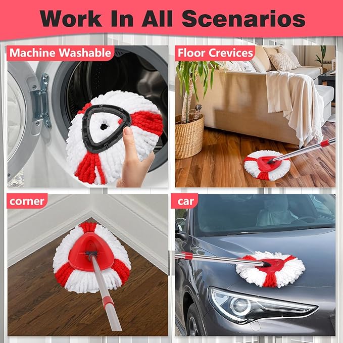 Mop Heads Replacements Complete Combo for O-Ceda,4 Pcs Red Machine Washable Microfiber Spin Mop Refills Replace Heads,1 Scrub Brushs,1 Base,1 Set Handle,Spin Mop Replacements for Tub and Tile Cleaning